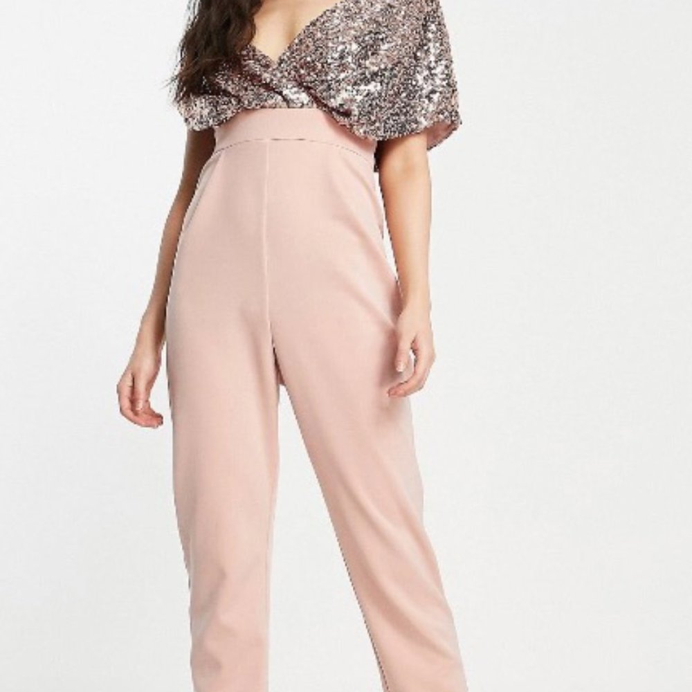 - ASOS DESIGN 2 in 1 Sequin Fallen Shoulder Jumpsuit in Rose Gold